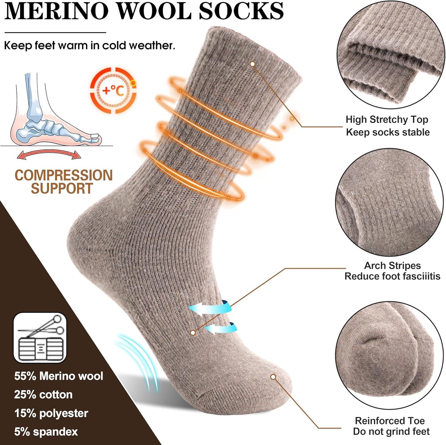 imageMOGGEI 5 Pairs Womens Merino Wool Socks Hiking Warm Winter Thick Thermal Crew Cozy Cabin Ladies Gift Comfy Boot Work SocksBeigeLight CoffeeGreyDark GreyBlack