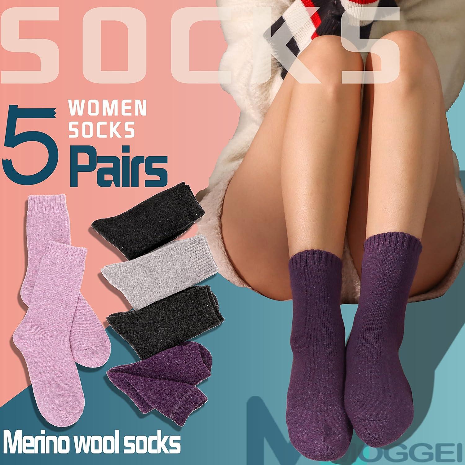 imageMOGGEI 5 Pairs Womens Merino Wool Socks Hiking Warm Winter Thick Thermal Crew Cozy Cabin Ladies Gift Comfy Boot Work SocksSolid Color a