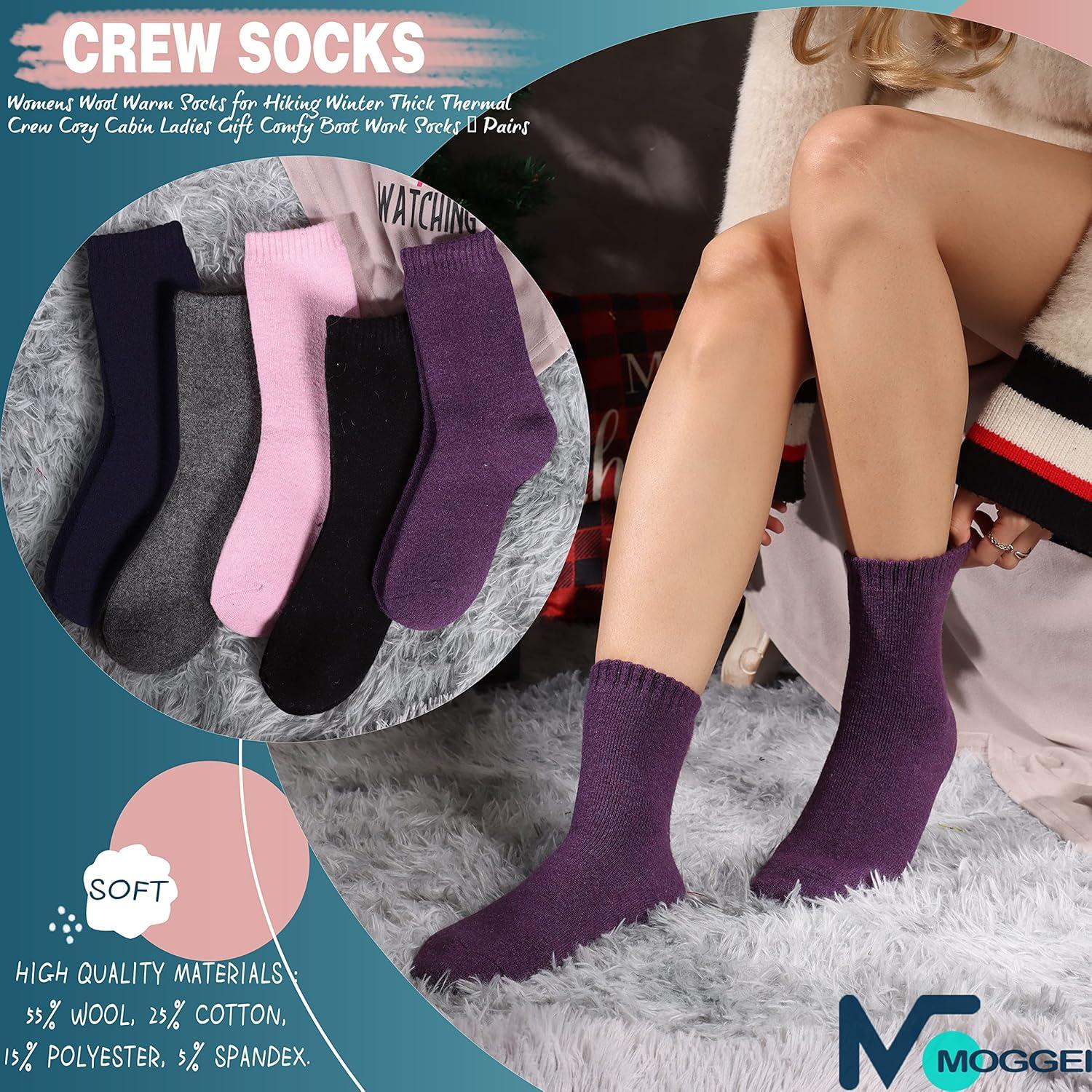 imageMOGGEI 5 Pairs Womens Merino Wool Socks Hiking Warm Winter Thick Thermal Crew Cozy Cabin Ladies Gift Comfy Boot Work SocksWarm Color C
