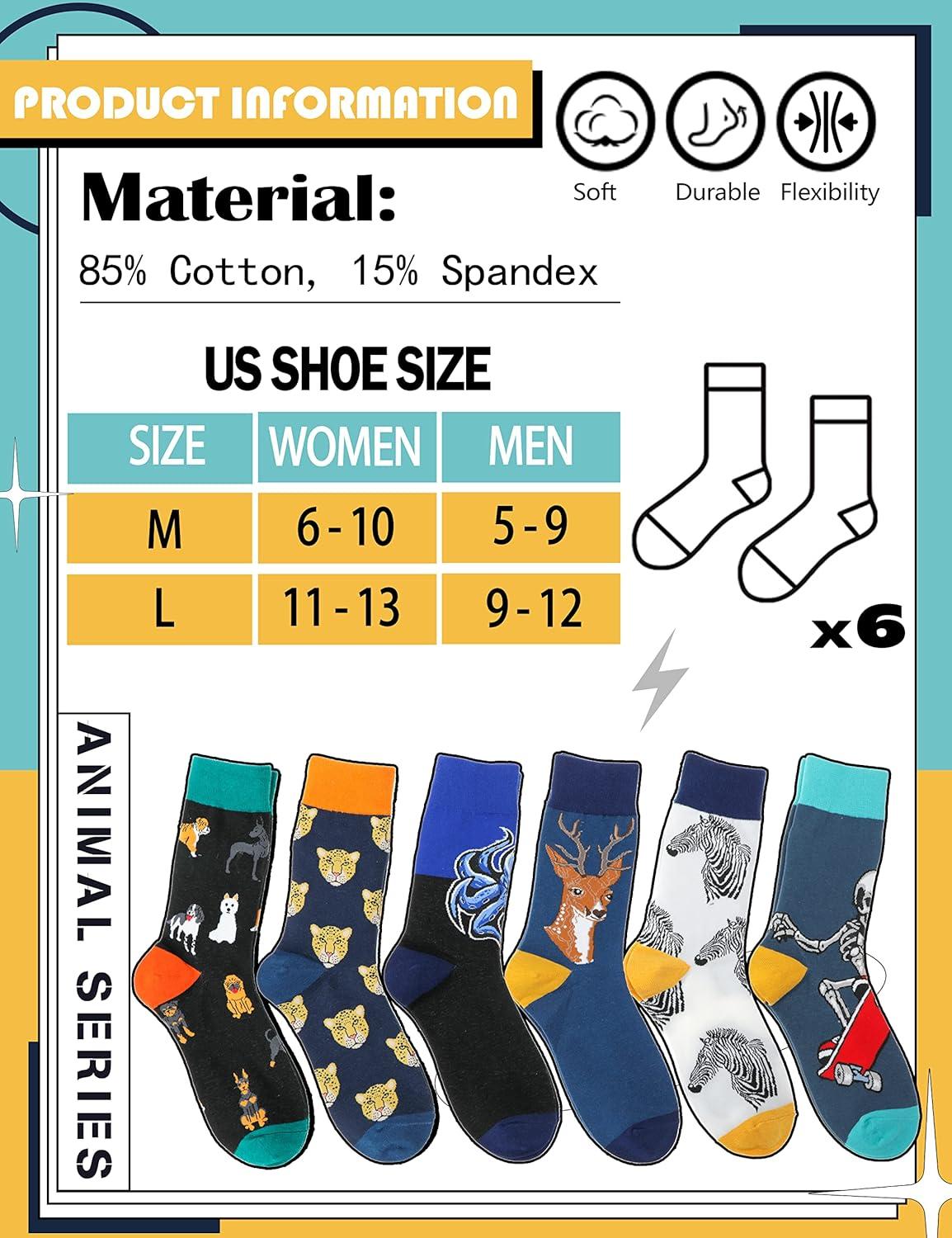 imageMOGGEI Funny Socks for Men Women Fun Cozy Crazy Novelty Fashion Cotton Boot Breathable Printed 6 PairsAnimal Pattern B6 Pairs