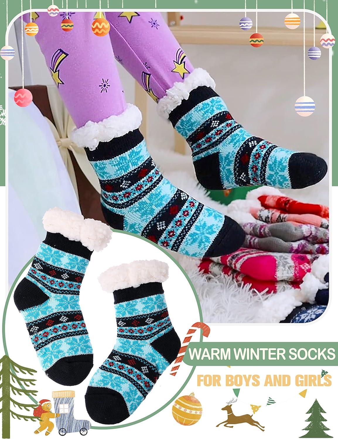 imageMOGGEI Girls Slipper Fuzzy Socks Kids Boys Fluffy Fleece Lined Warm Plush Sherpa Winter Child Home SocksBlue