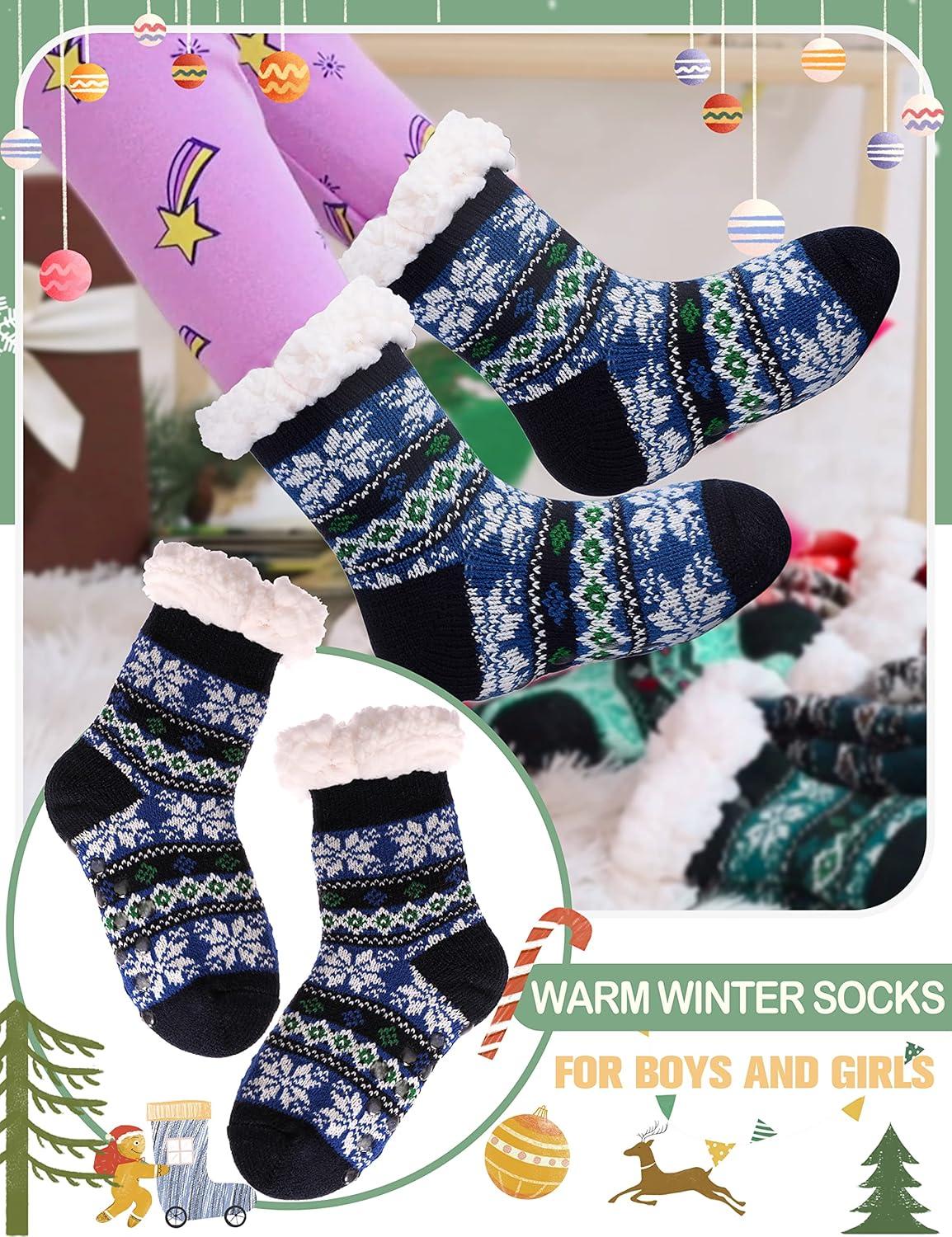 imageMOGGEI Girls Slipper Fuzzy Socks Kids Boys Fluffy Fleece Lined Warm Plush Sherpa Winter Child Home SocksBlue a