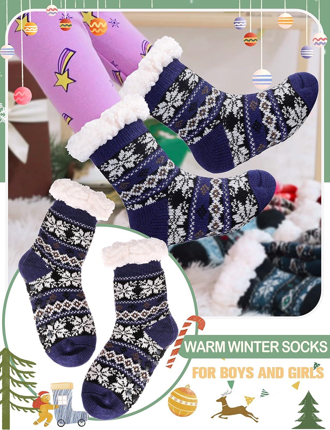 imageMOGGEI Girls Slipper Fuzzy Socks Kids Boys Fluffy Fleece Lined Warm Plush Sherpa Winter Child Home SocksDark Blue a