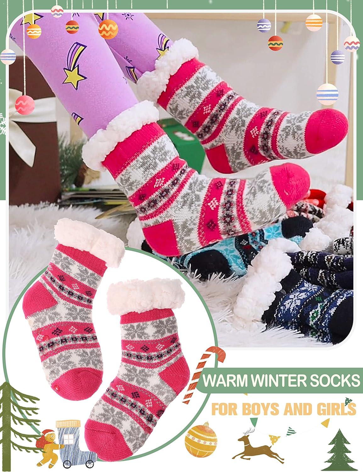 imageMOGGEI Girls Slipper Fuzzy Socks Kids Boys Fluffy Fleece Lined Warm Plush Sherpa Winter Child Home SocksRose Red