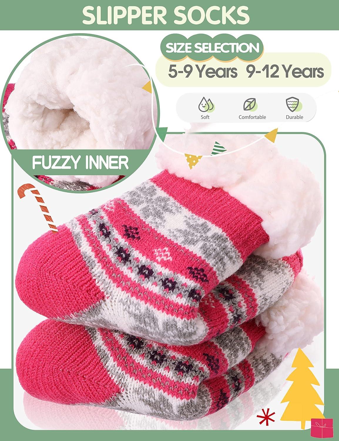 imageMOGGEI Girls Slipper Fuzzy Socks Kids Boys Fluffy Fleece Lined Warm Plush Sherpa Winter Child Home SocksRose Red