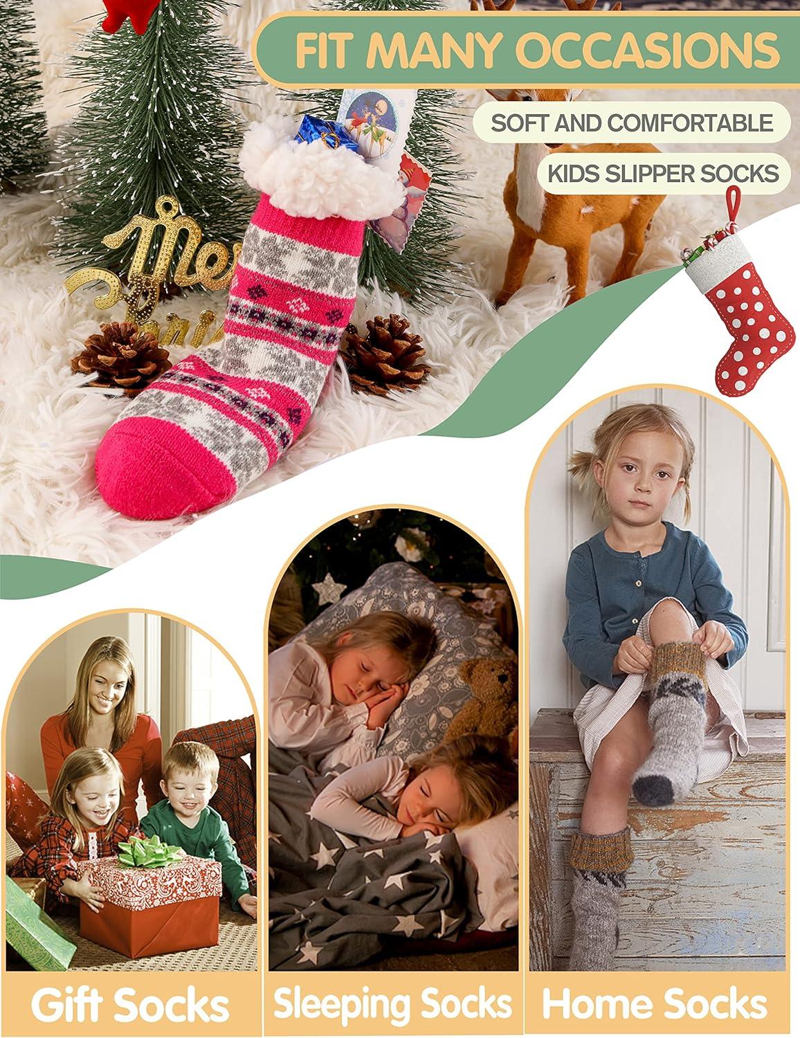 imageMOGGEI Girls Slipper Fuzzy Socks Kids Boys Fluffy Fleece Lined Warm Plush Sherpa Winter Child Home SocksRose Red