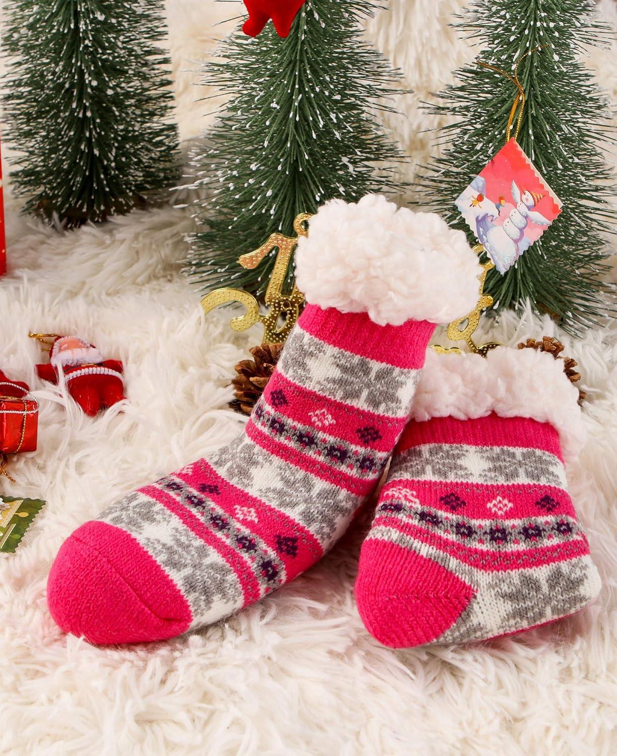 imageMOGGEI Girls Slipper Fuzzy Socks Kids Boys Fluffy Fleece Lined Warm Plush Sherpa Winter Child Home SocksRose Red