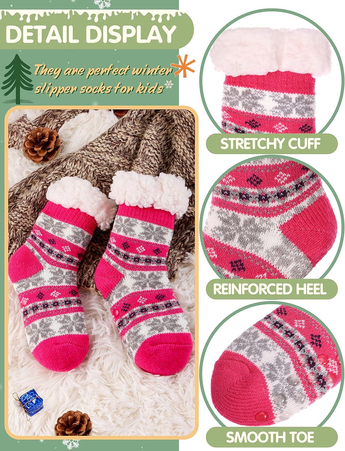 imageMOGGEI Girls Slipper Fuzzy Socks Kids Boys Fluffy Fleece Lined Warm Plush Sherpa Winter Child Home SocksRose Red