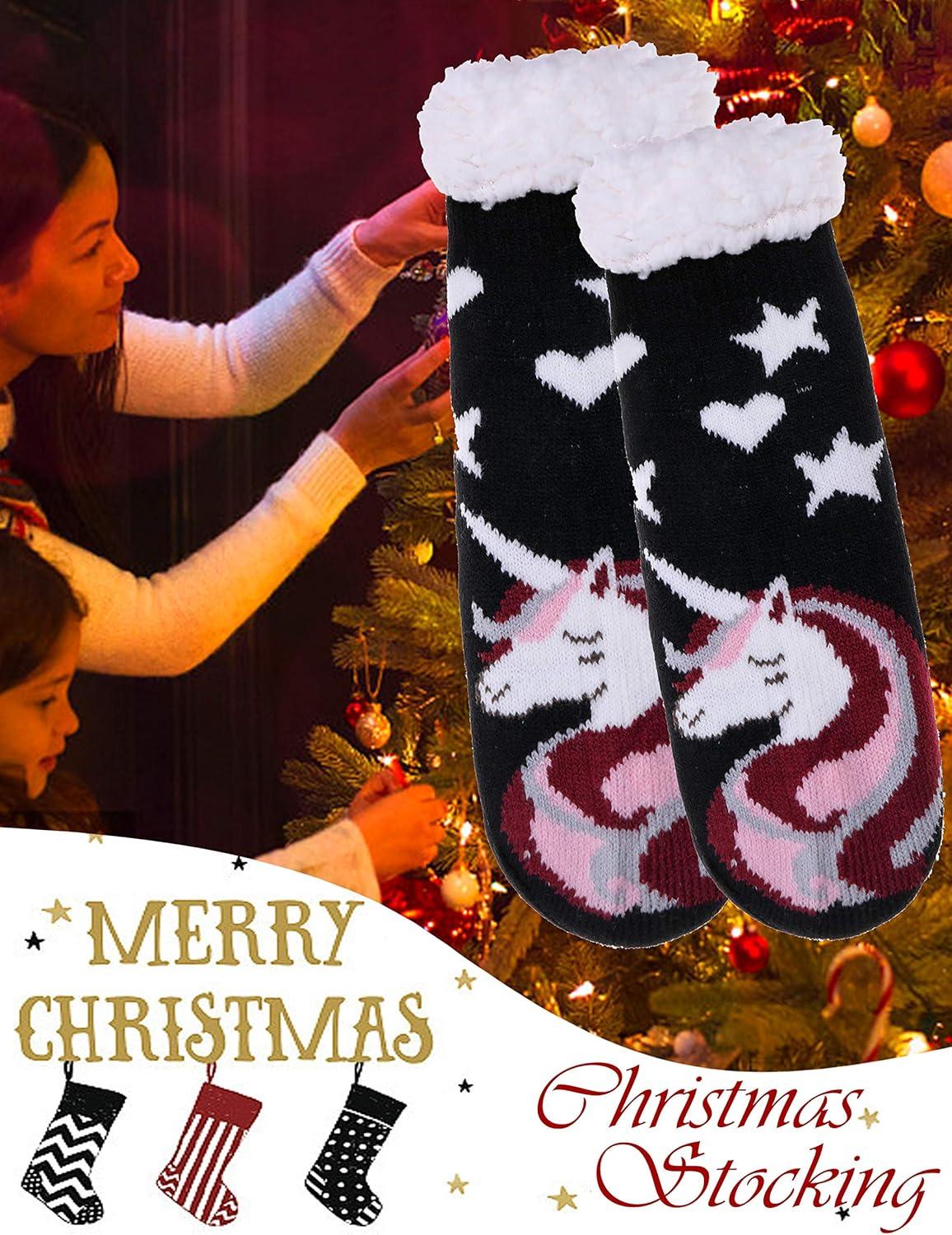 imageMOGGEI Girls Slipper Fuzzy Socks Kids Boys Fluffy Fleece Lined Warm Plush Sherpa Winter Child Home SocksUnicorn Bblack