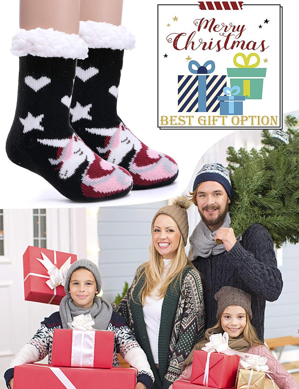 imageMOGGEI Girls Slipper Fuzzy Socks Kids Boys Fluffy Fleece Lined Warm Plush Sherpa Winter Child Home SocksUnicorn Bblack