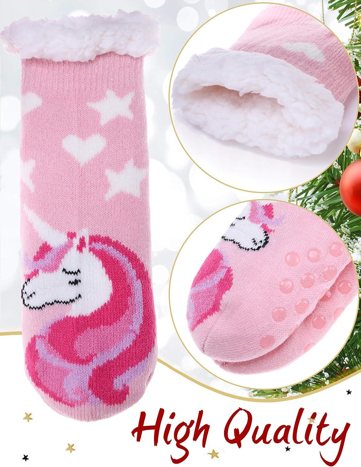 imageMOGGEI Girls Slipper Fuzzy Socks Kids Boys Fluffy Fleece Lined Warm Plush Sherpa Winter Child Home SocksUnicorn Bpink