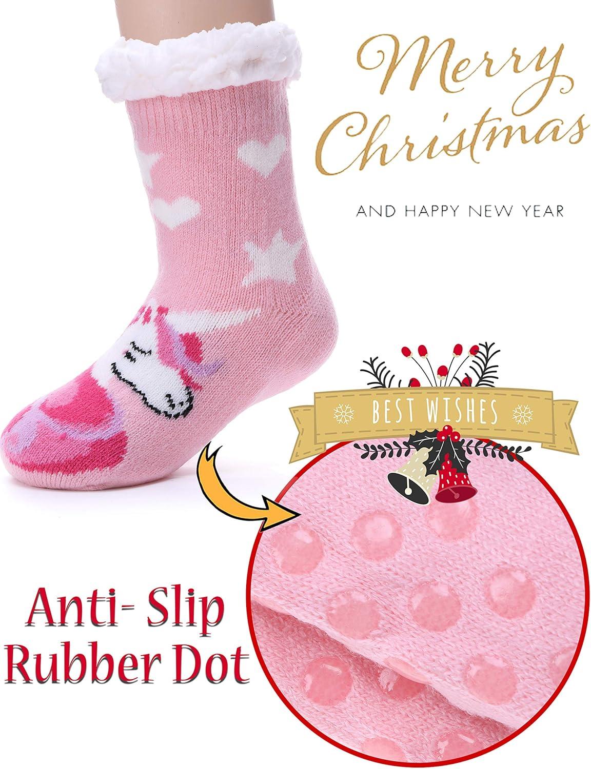 imageMOGGEI Girls Slipper Fuzzy Socks Kids Boys Fluffy Fleece Lined Warm Plush Sherpa Winter Child Home SocksUnicorn Bpink