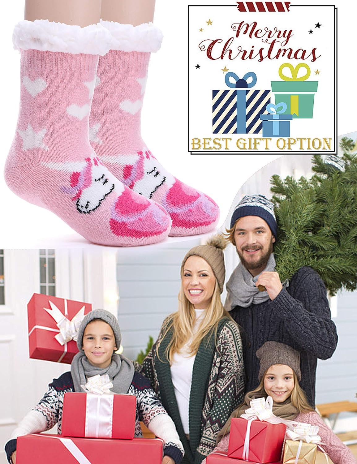 imageMOGGEI Girls Slipper Fuzzy Socks Kids Boys Fluffy Fleece Lined Warm Plush Sherpa Winter Child Home SocksUnicorn Bpink