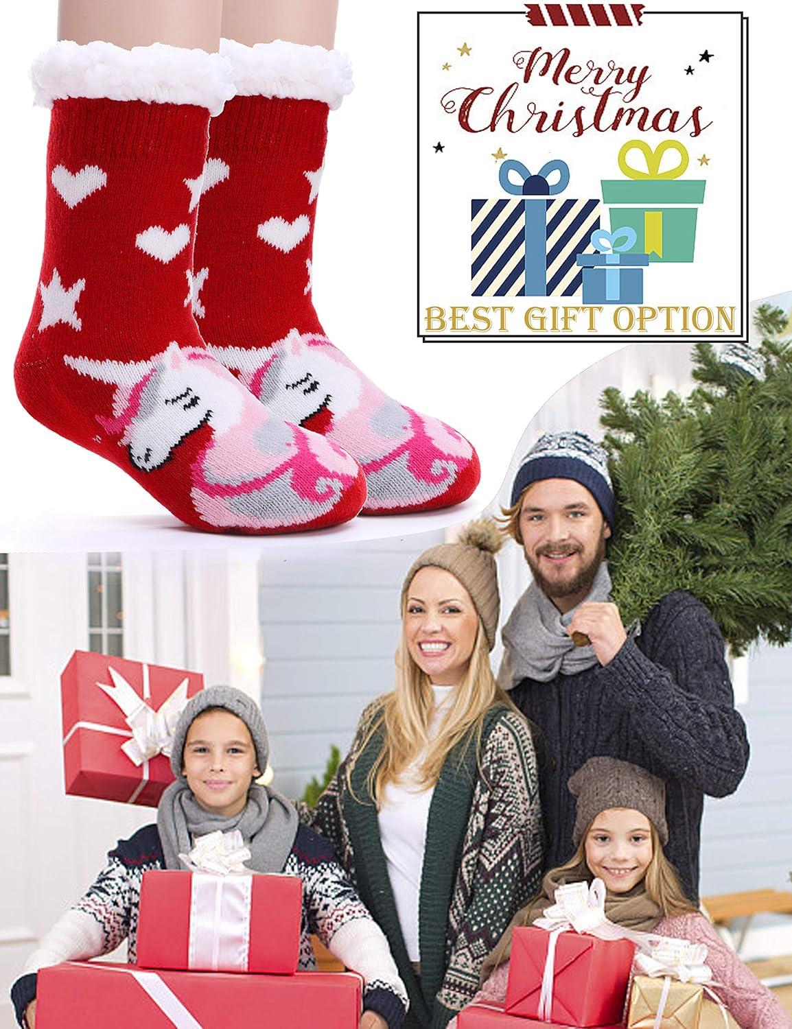 imageMOGGEI Girls Slipper Fuzzy Socks Kids Boys Fluffy Fleece Lined Warm Plush Sherpa Winter Child Home SocksUnicorn Bred