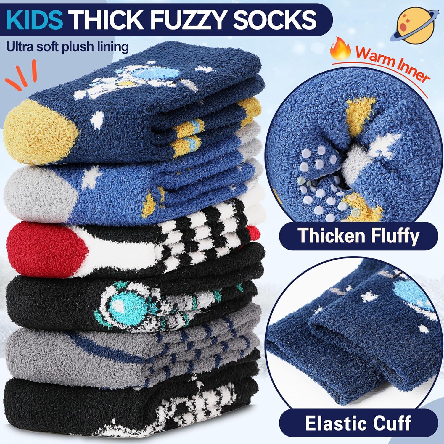 imageMOGGEI Kids Boys Toddlers Fuzzy Slipper Grips Socks Non Slip Warm Winter Fluffy Cozy Thick Fun Crew Gripper Socks 6 PairsSpace
