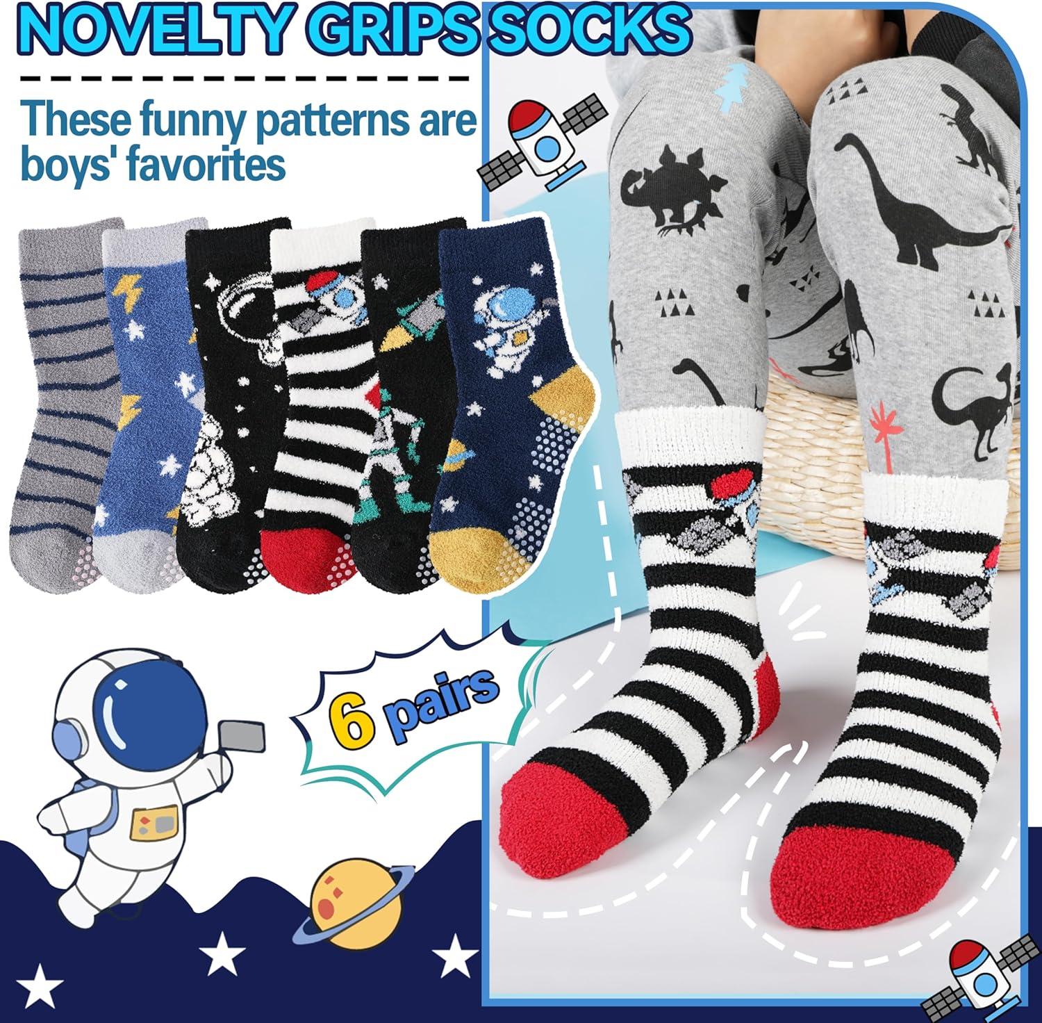 imageMOGGEI Kids Boys Toddlers Fuzzy Slipper Grips Socks Non Slip Warm Winter Fluffy Cozy Thick Fun Crew Gripper Socks 6 PairsSpace