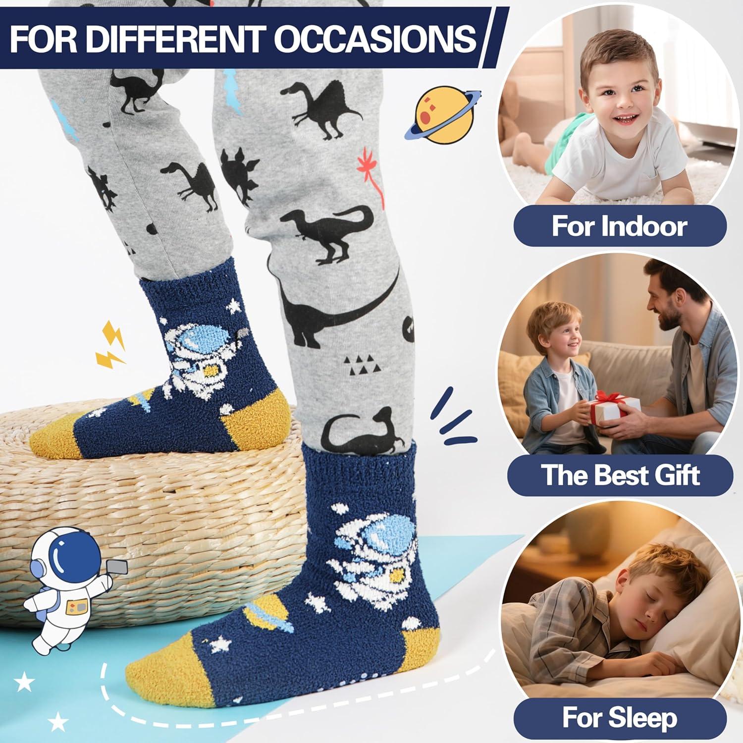 imageMOGGEI Kids Boys Toddlers Fuzzy Slipper Grips Socks Non Slip Warm Winter Fluffy Cozy Thick Fun Crew Gripper Socks 6 PairsSpace