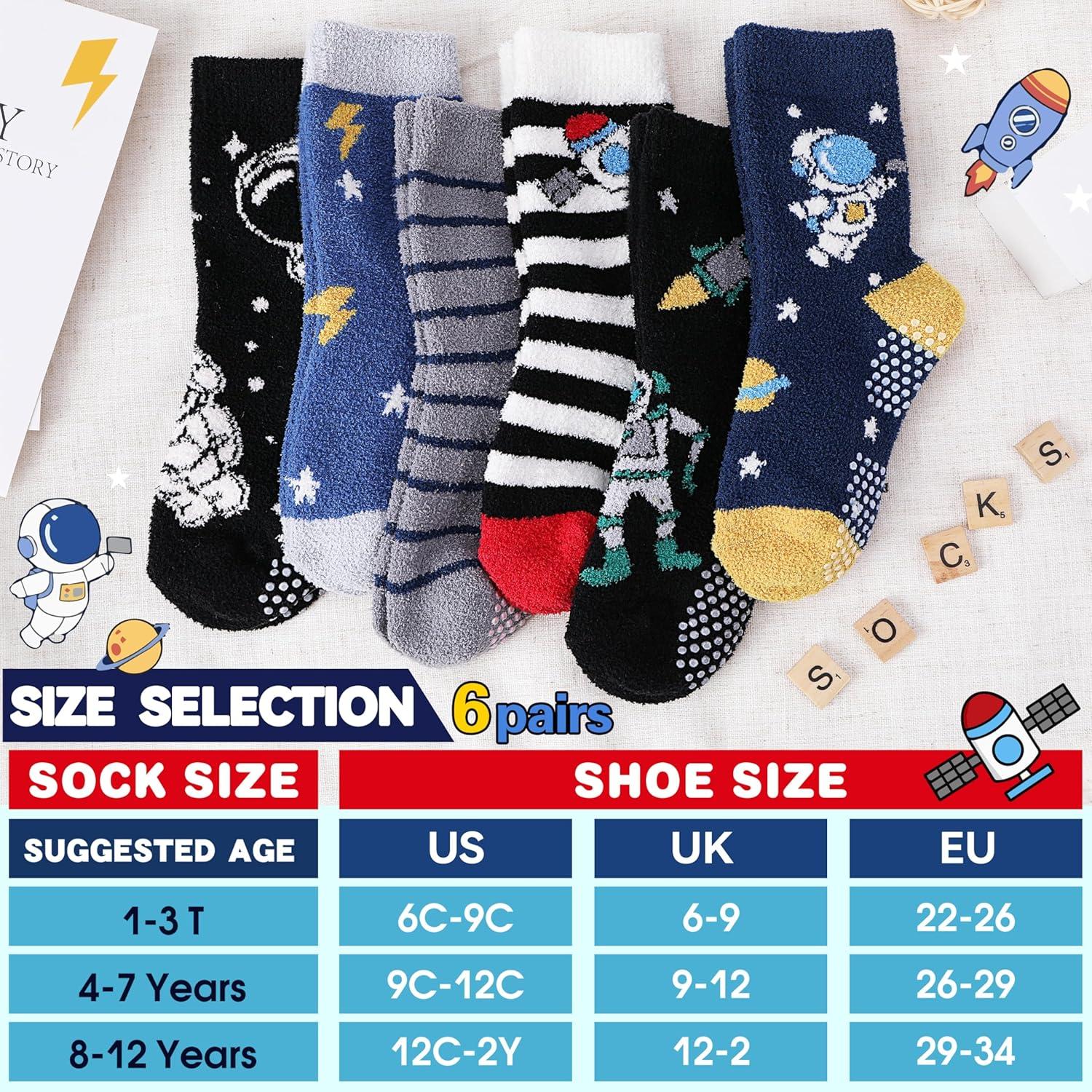 imageMOGGEI Kids Boys Toddlers Fuzzy Slipper Grips Socks Non Slip Warm Winter Fluffy Cozy Thick Fun Crew Gripper Socks 6 PairsSpace