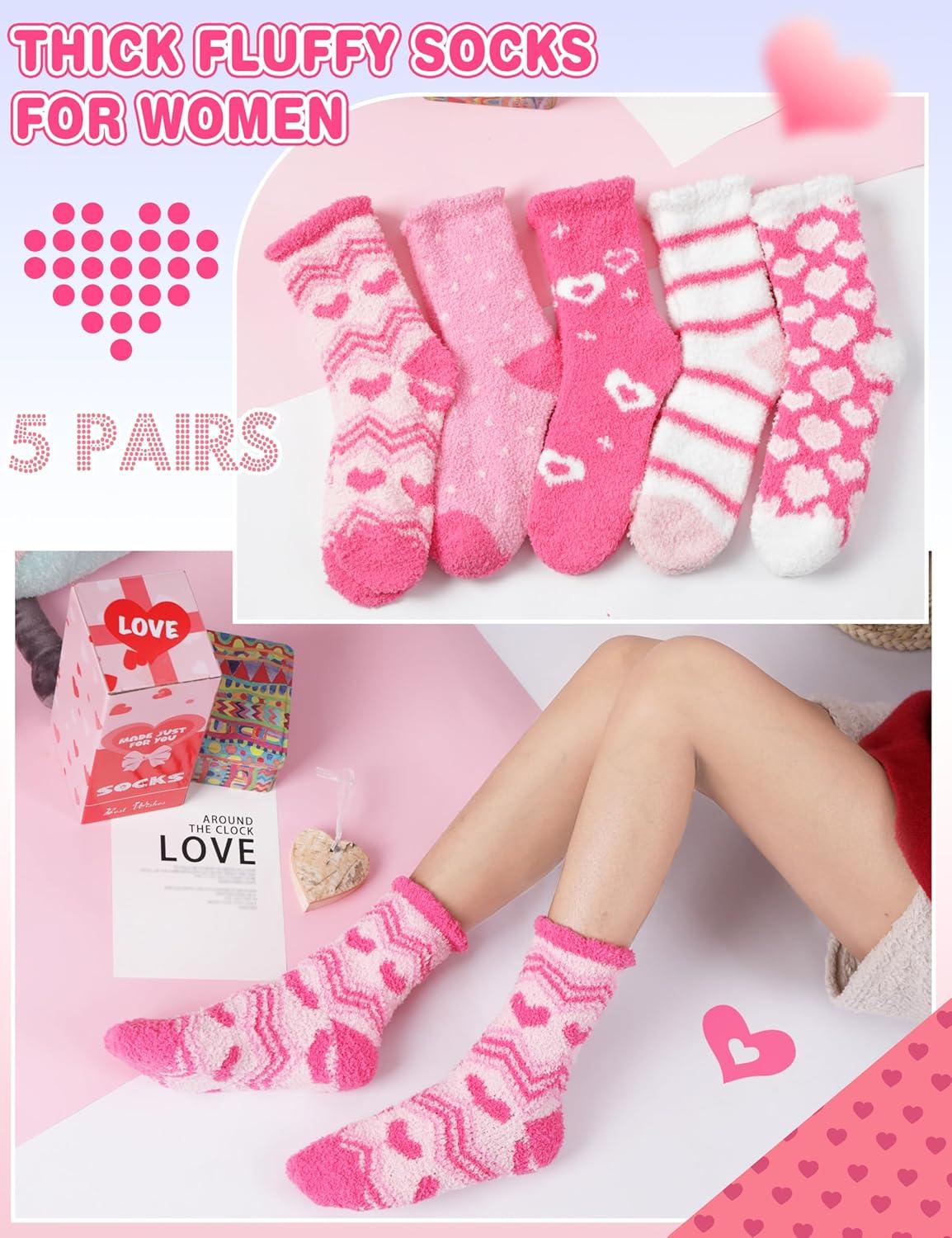imageMOGGEI Women Fuzzy Fluffy Socks Thick Warm Winter Soft Cozy Plush Fleece Sleep Socks 5 PairsPink Heart