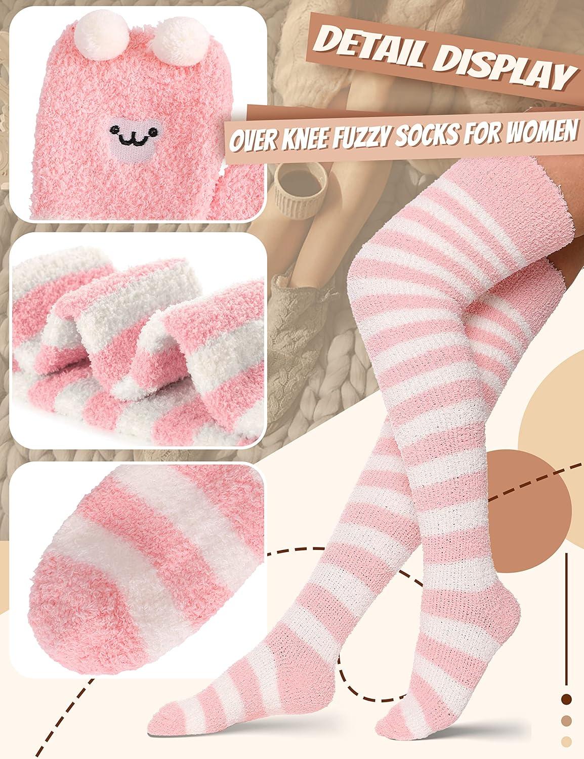 imageMOGGEI Womens Thigh High Fuzzy Socks Warm Winter Over Knee High Long Striped Fluffy Cozy Fleece Socks 2 PairsBluepink Striped