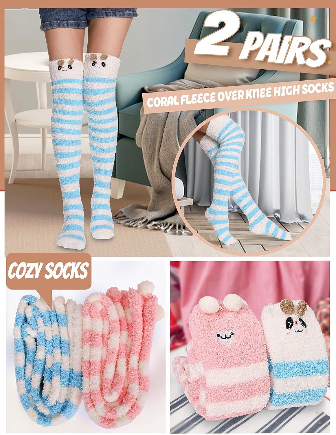 imageMOGGEI Womens Thigh High Fuzzy Socks Warm Winter Over Knee High Long Striped Fluffy Cozy Fleece Socks 2 PairsBluepink Striped