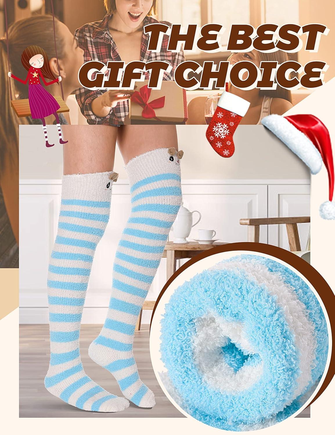 imageMOGGEI Womens Thigh High Fuzzy Socks Warm Winter Over Knee High Long Striped Fluffy Cozy Fleece Socks 2 PairsBluepink Striped