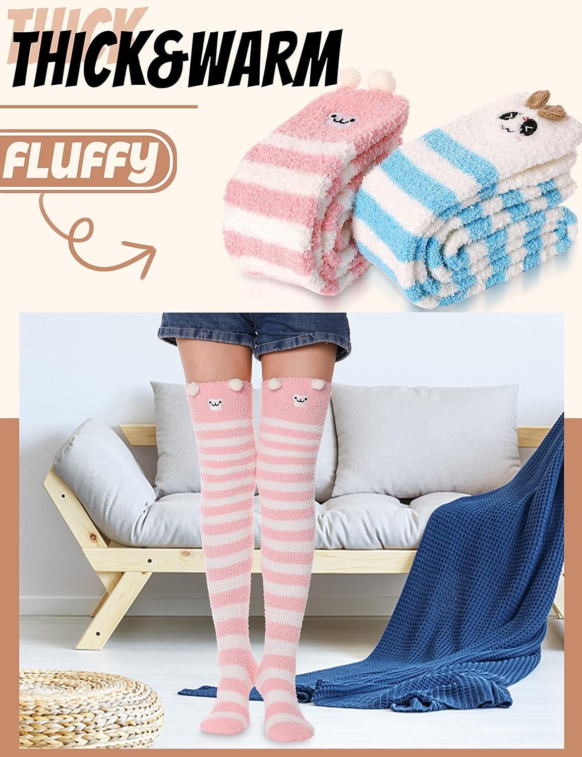 imageMOGGEI Womens Thigh High Fuzzy Socks Warm Winter Over Knee High Long Striped Fluffy Cozy Fleece Socks 2 PairsBluepink Striped