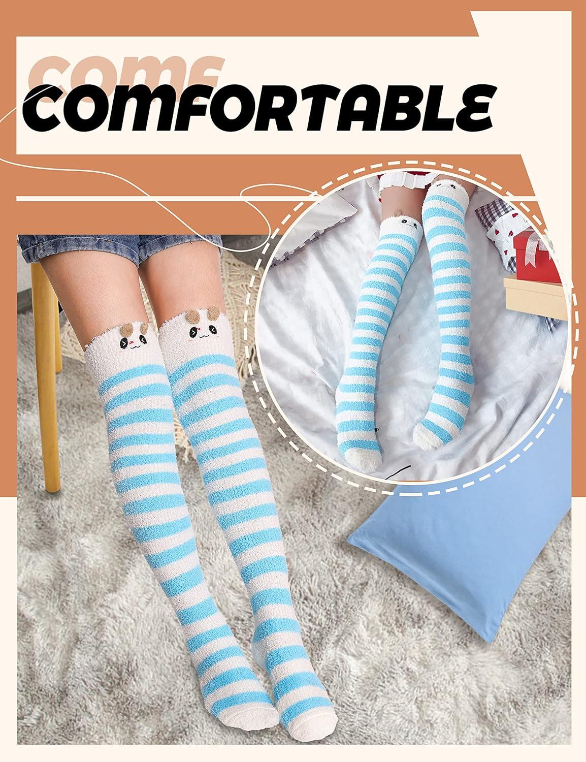 imageMOGGEI Womens Thigh High Fuzzy Socks Warm Winter Over Knee High Long Striped Fluffy Cozy Fleece Socks 2 PairsBluepink Striped