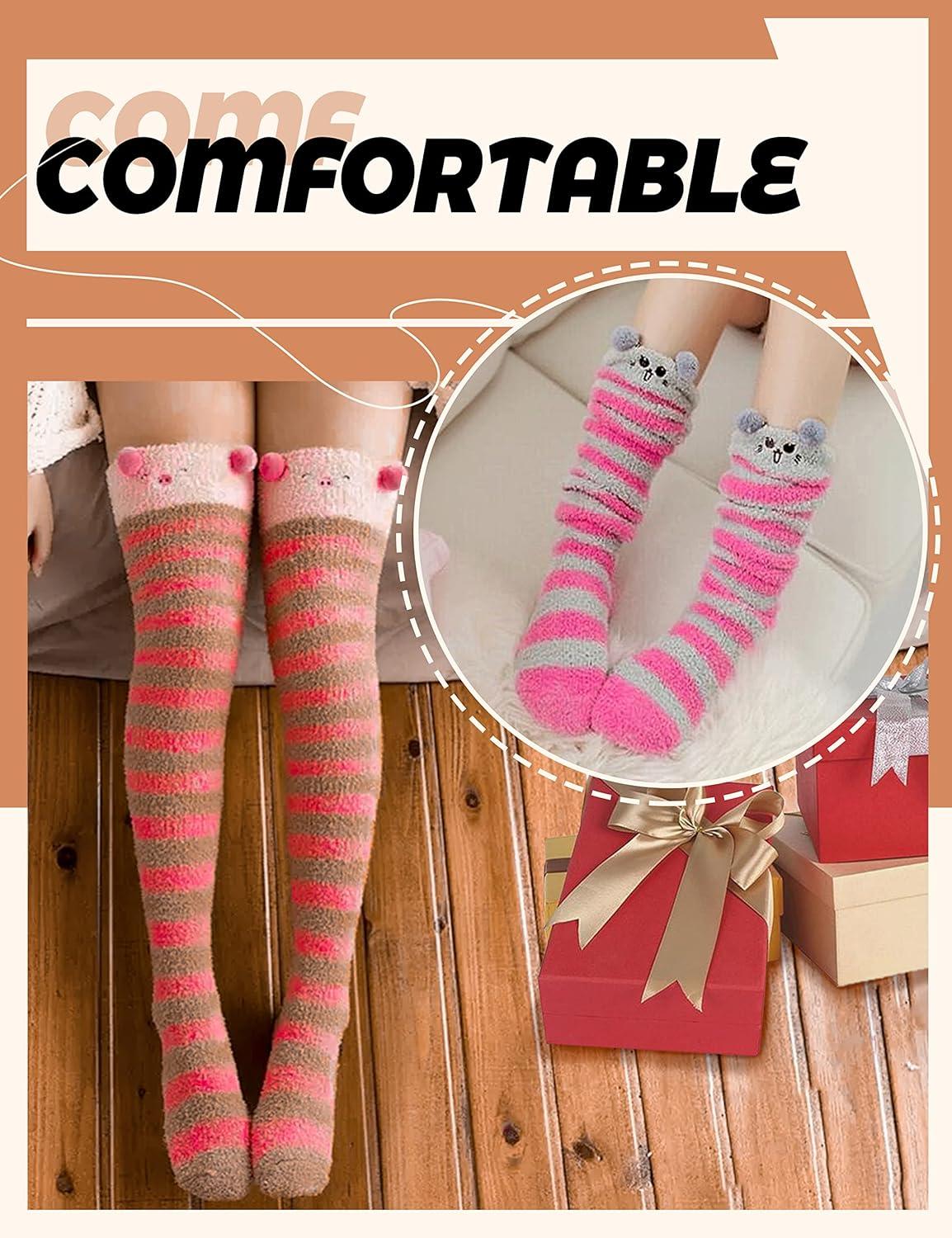 imageMOGGEI Womens Thigh High Fuzzy Socks Warm Winter Over Knee High Long Striped Fluffy Cozy Fleece Socks 2 PairsStriped Animal