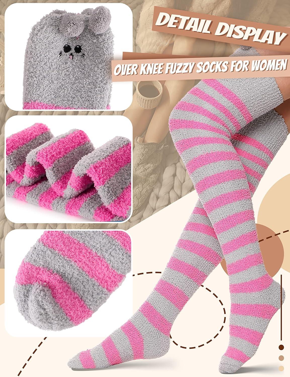 imageMOGGEI Womens Thigh High Fuzzy Socks Warm Winter Over Knee High Long Striped Fluffy Cozy Fleece Socks 2 PairsStriped Animal