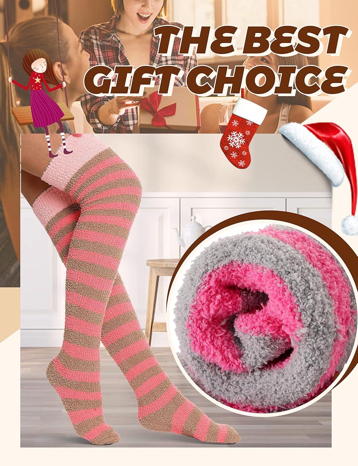 imageMOGGEI Womens Thigh High Fuzzy Socks Warm Winter Over Knee High Long Striped Fluffy Cozy Fleece Socks 2 PairsStriped Animal