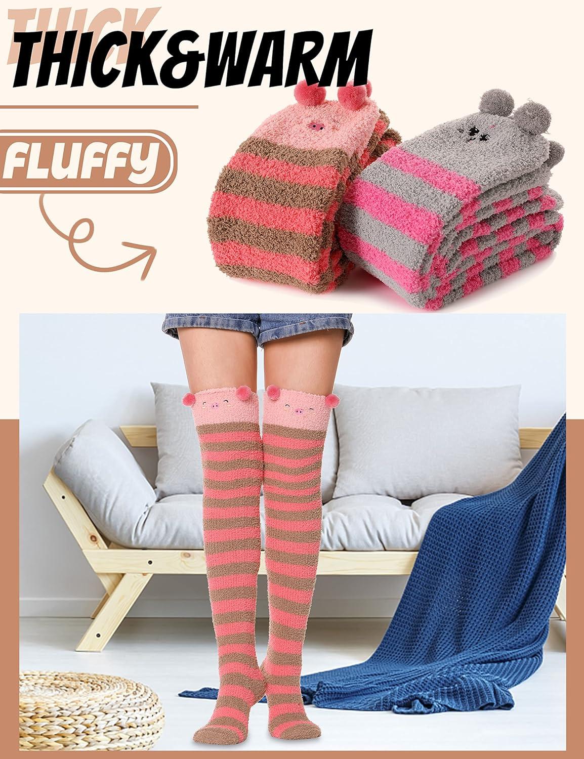 imageMOGGEI Womens Thigh High Fuzzy Socks Warm Winter Over Knee High Long Striped Fluffy Cozy Fleece Socks 2 PairsStriped Animal