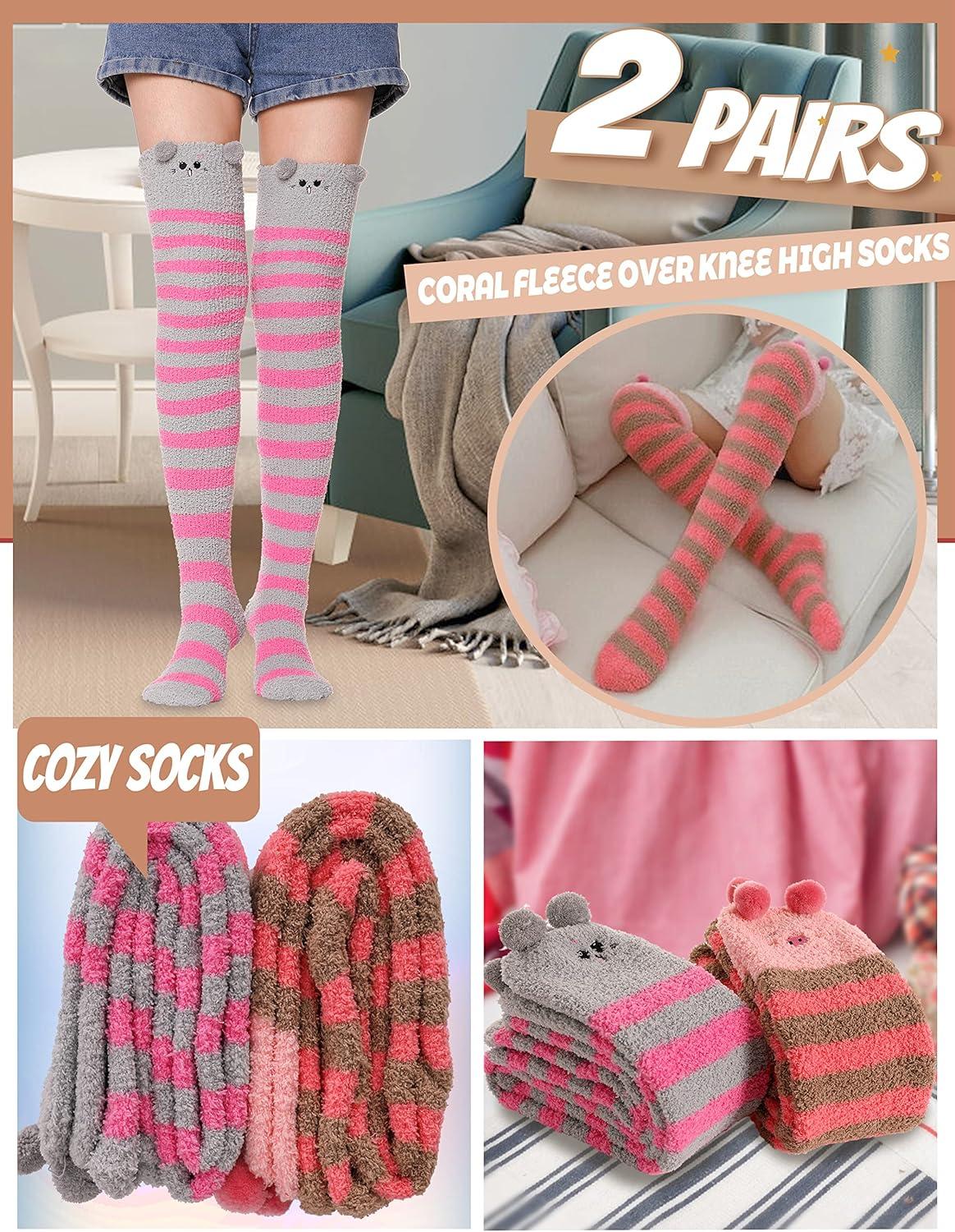 imageMOGGEI Womens Thigh High Fuzzy Socks Warm Winter Over Knee High Long Striped Fluffy Cozy Fleece Socks 2 PairsStriped Animal