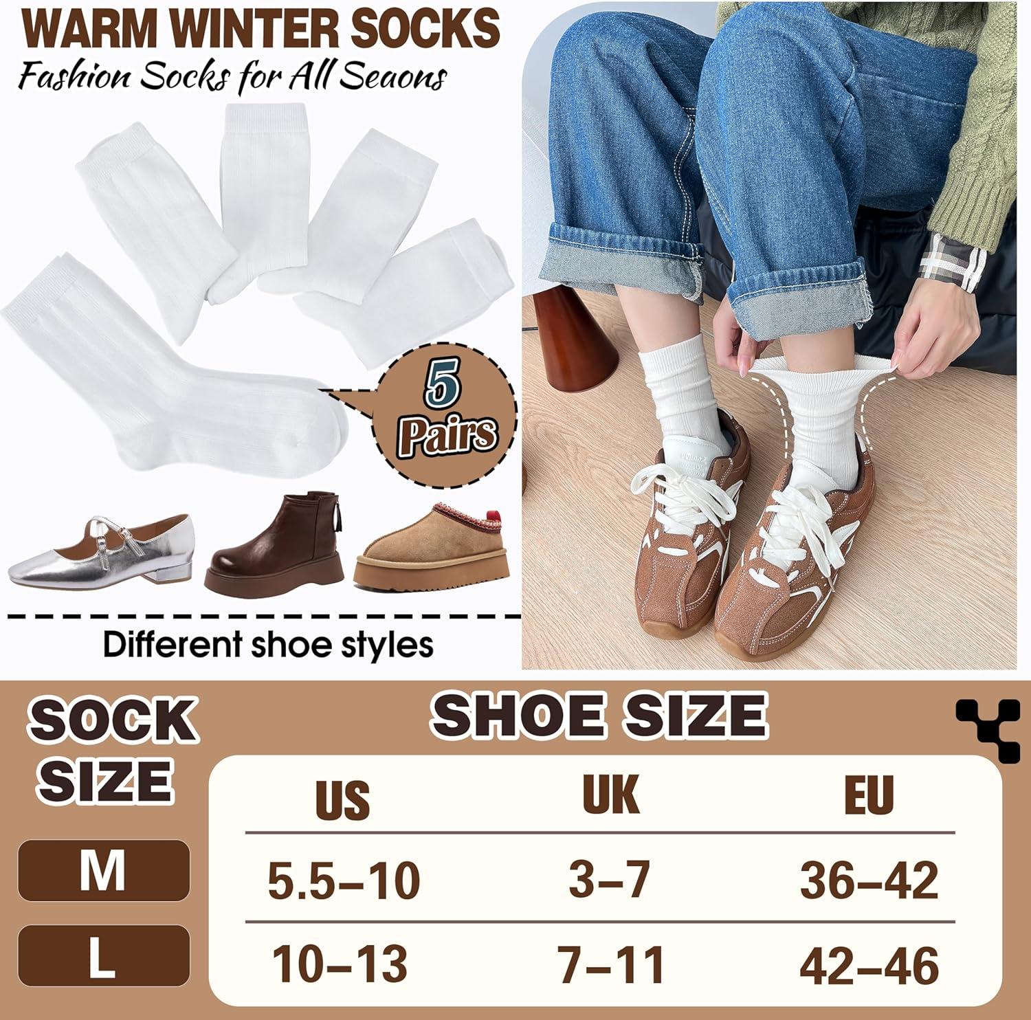 imageThin Merino Wool Boot Socks Warm Winter Cozy Comfy Breathable Work Casual Socks for Women 5 PairsWhite