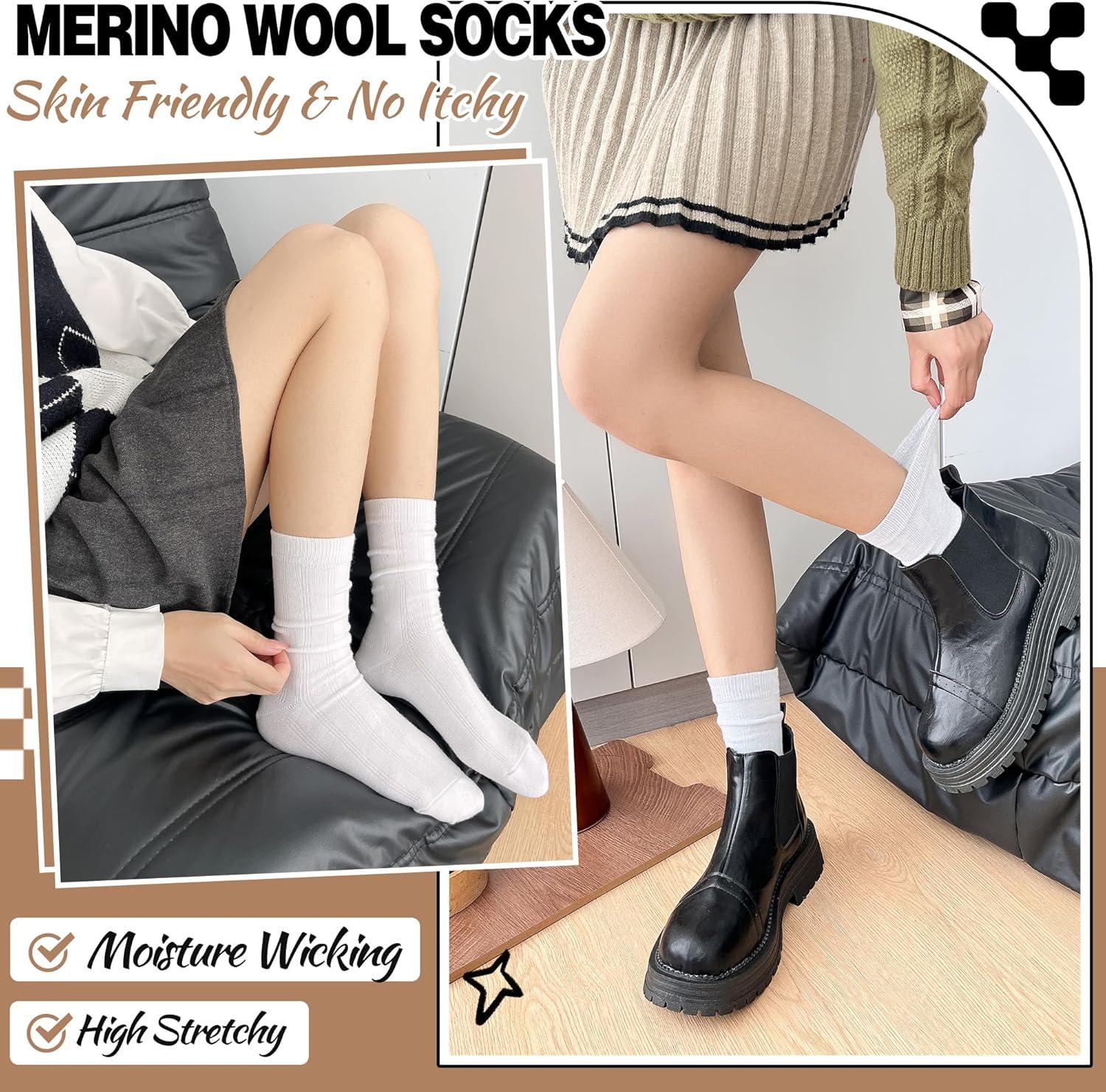 imageThin Merino Wool Boot Socks Warm Winter Cozy Comfy Breathable Work Casual Socks for Women 5 PairsWhite