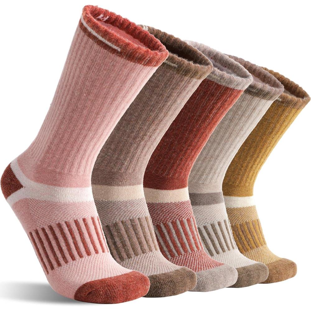 image5 Pairs Merino Wool Hiking Socks Warm Thermal Winter Cozy Cushioned Moisture Wicking Socks for Women ampamp MenBrownCrimsonKhakiYellowRed