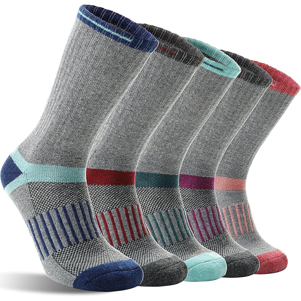 image5 Pairs Merino Wool Hiking Socks Warm Thermal Winter Cozy Cushioned Moisture Wicking Socks for Women ampamp MenLight Stripes B