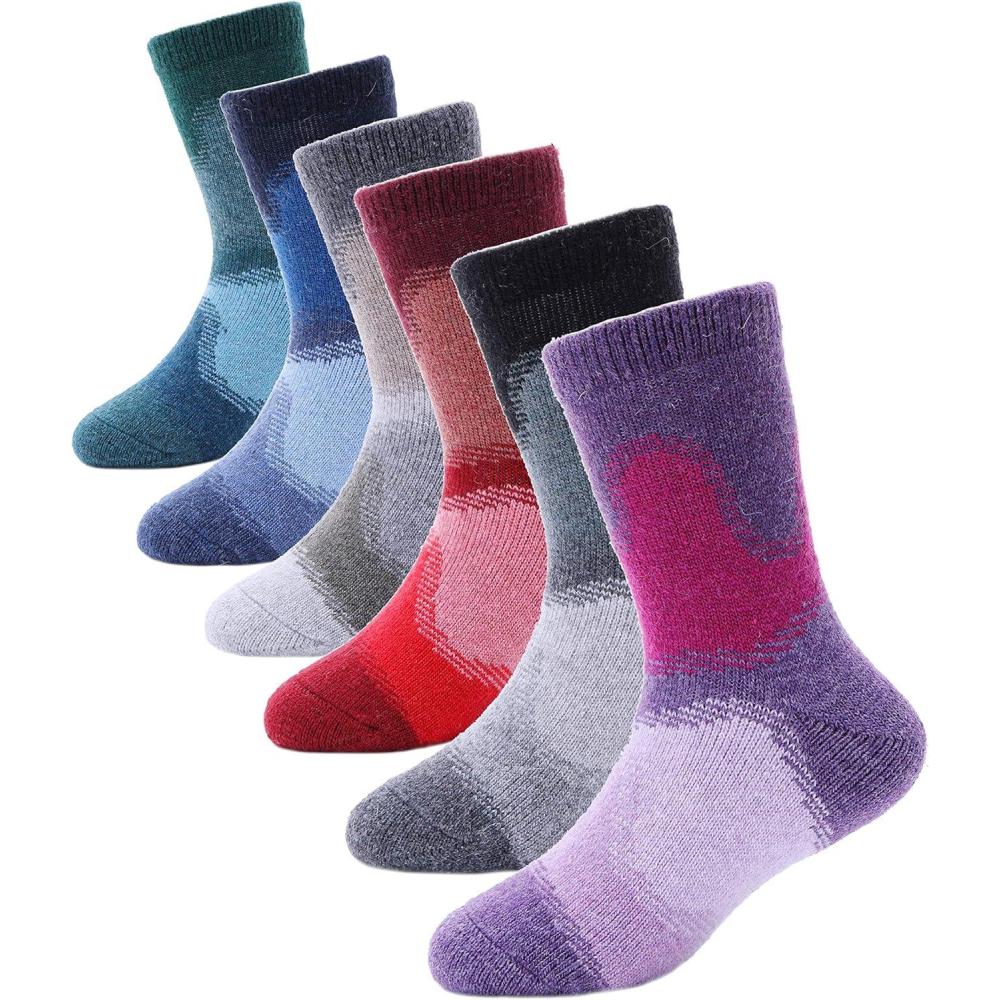 imageKids Merino Wool Hiking Socks Boys Girls Toddler Thermal Winter Warm Thick Cushioned Moisture Wicking Socks 6 PairsPurpleBlackRedGreyBlueGreen