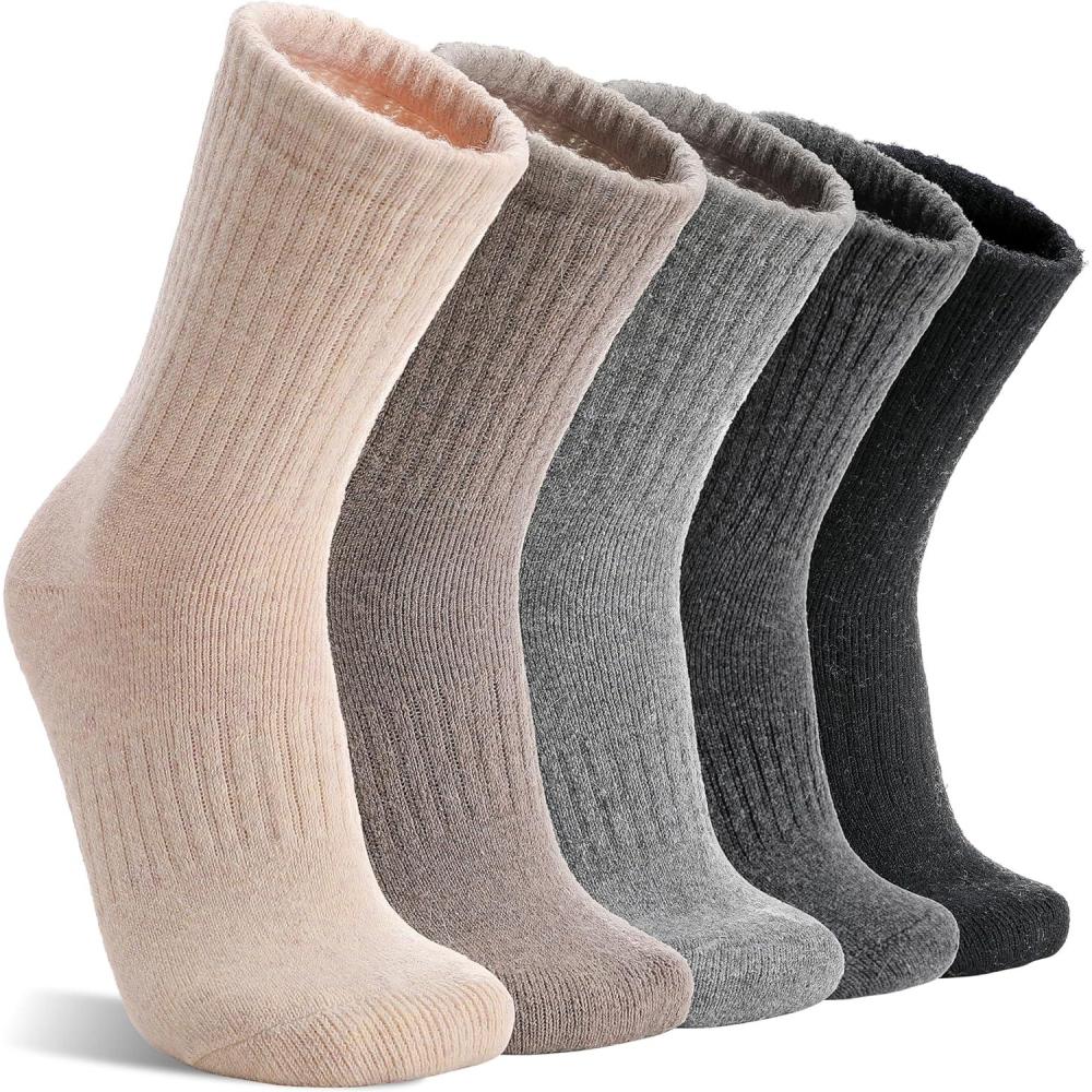 imageMOGGEI 5 Pairs Womens Merino Wool Socks Hiking Warm Winter Thick Thermal Crew Cozy Cabin Ladies Gift Comfy Boot Work SocksBeigeLight CoffeeGreyDark GreyBlack