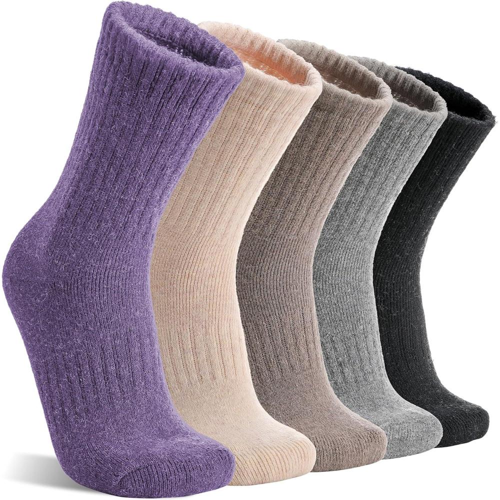 imageMOGGEI 5 Pairs Womens Merino Wool Socks Hiking Warm Winter Thick Thermal Crew Cozy Cabin Ladies Gift Comfy Boot Work SocksBlackGreyLight VioletLight CoffeeWhite