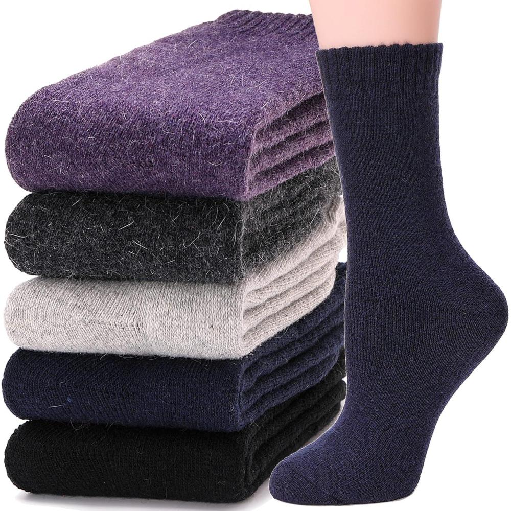 imageMOGGEI 5 Pairs Womens Merino Wool Socks Hiking Warm Winter Thick Thermal Crew Cozy Cabin Ladies Gift Comfy Boot Work SocksSolid Color B
