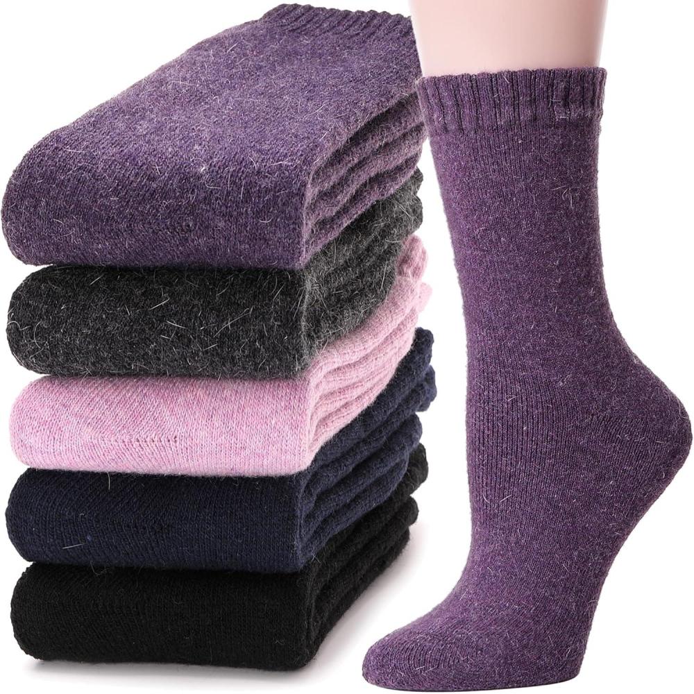 imageMOGGEI 5 Pairs Womens Merino Wool Socks Hiking Warm Winter Thick Thermal Crew Cozy Cabin Ladies Gift Comfy Boot Work SocksWarm Color C