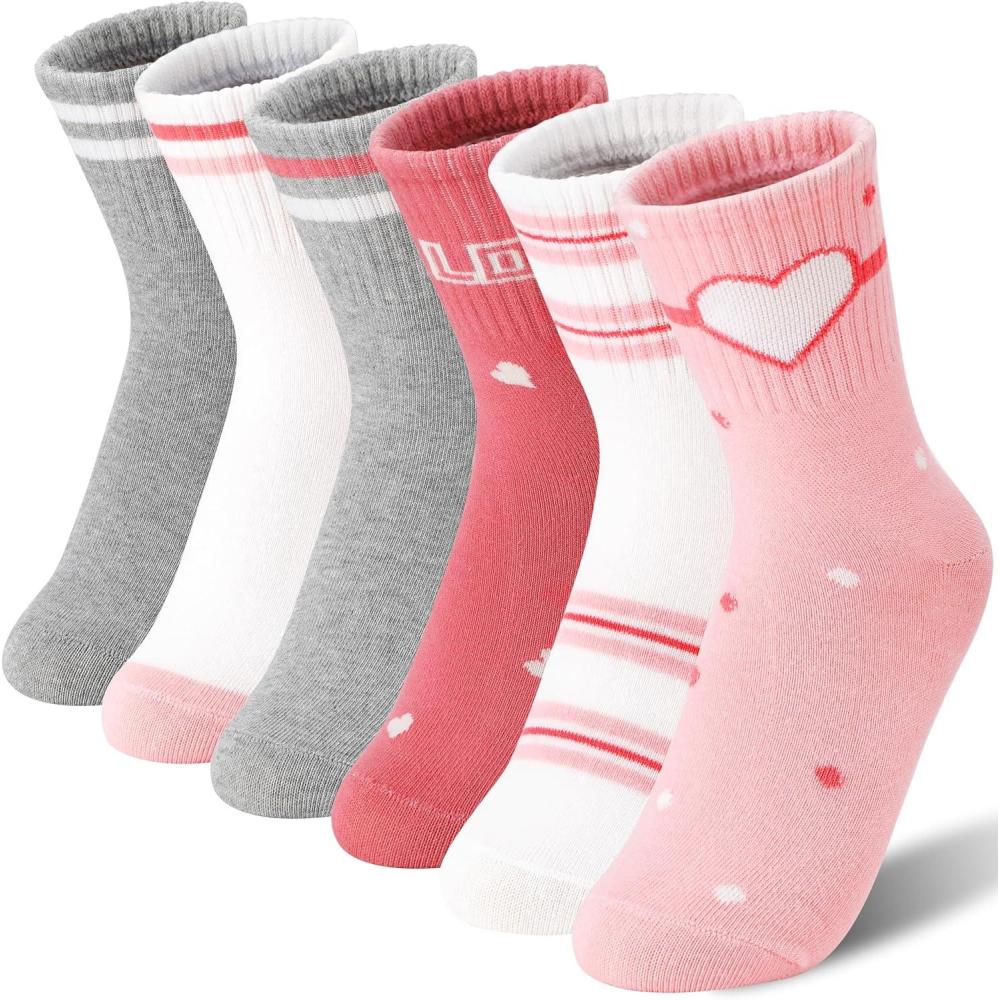 imageMOGGEI 6 Pairs Girls Kids Socks Athletic Sport Basketball Cotton Soft Crew Breathable Socks for OutdoorWhite Pink Heart