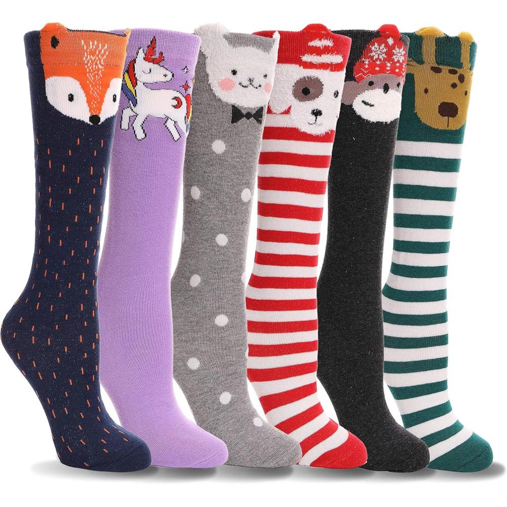 imageMOGGEI 6 Pairs Kids Girls Knee High Socks Gift Long Crazy Silly Tall Funny Boot Cute Animal Child Fun SocksAnimal B