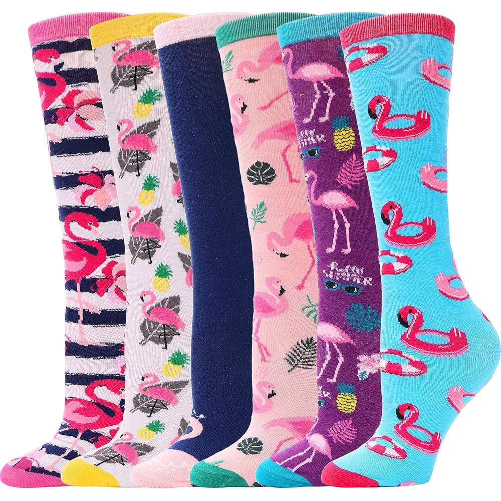 imageMOGGEI 6 Pairs Kids Girls Knee High Socks Gift Long Crazy Silly Tall Funny Boot Cute Animal Child Fun SocksFlamingo
