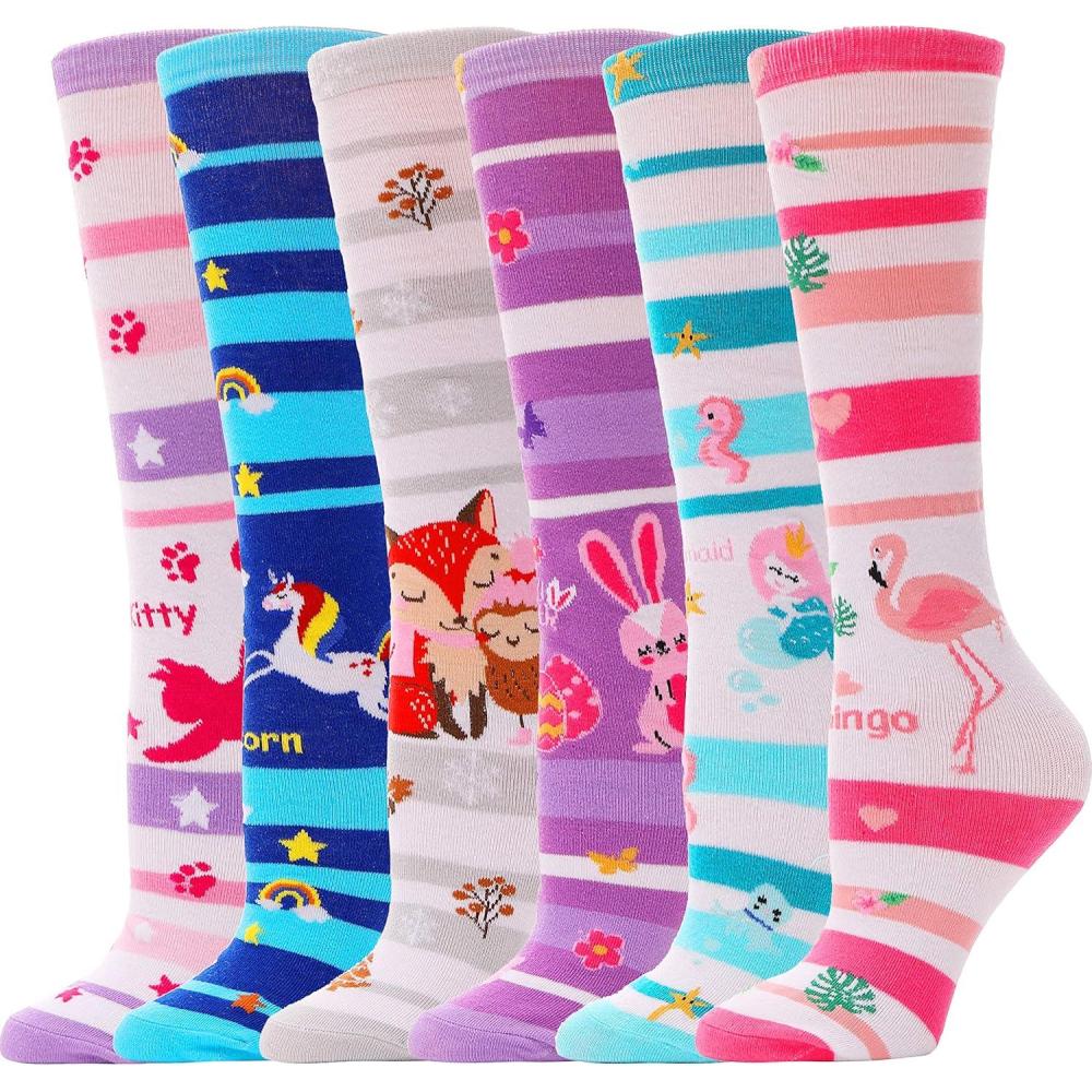 imageMOGGEI 6 Pairs Kids Girls Knee High Socks Gift Long Crazy Silly Tall Funny Boot Cute Animal Child Fun SocksStripe