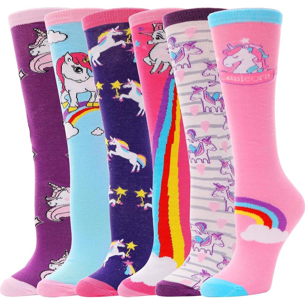 imageMOGGEI 6 Pairs Kids Girls Knee High Socks Gift Long Crazy Silly Tall Funny Boot Cute Animal Child Fun SocksUnicorn a