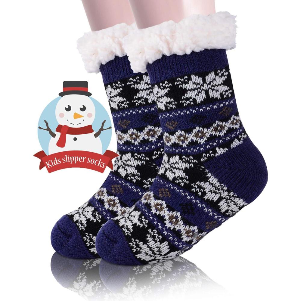 imageMOGGEI Girls Slipper Fuzzy Socks Kids Boys Fluffy Fleece Lined Warm Plush Sherpa Winter Child Home SocksDark Blue a
