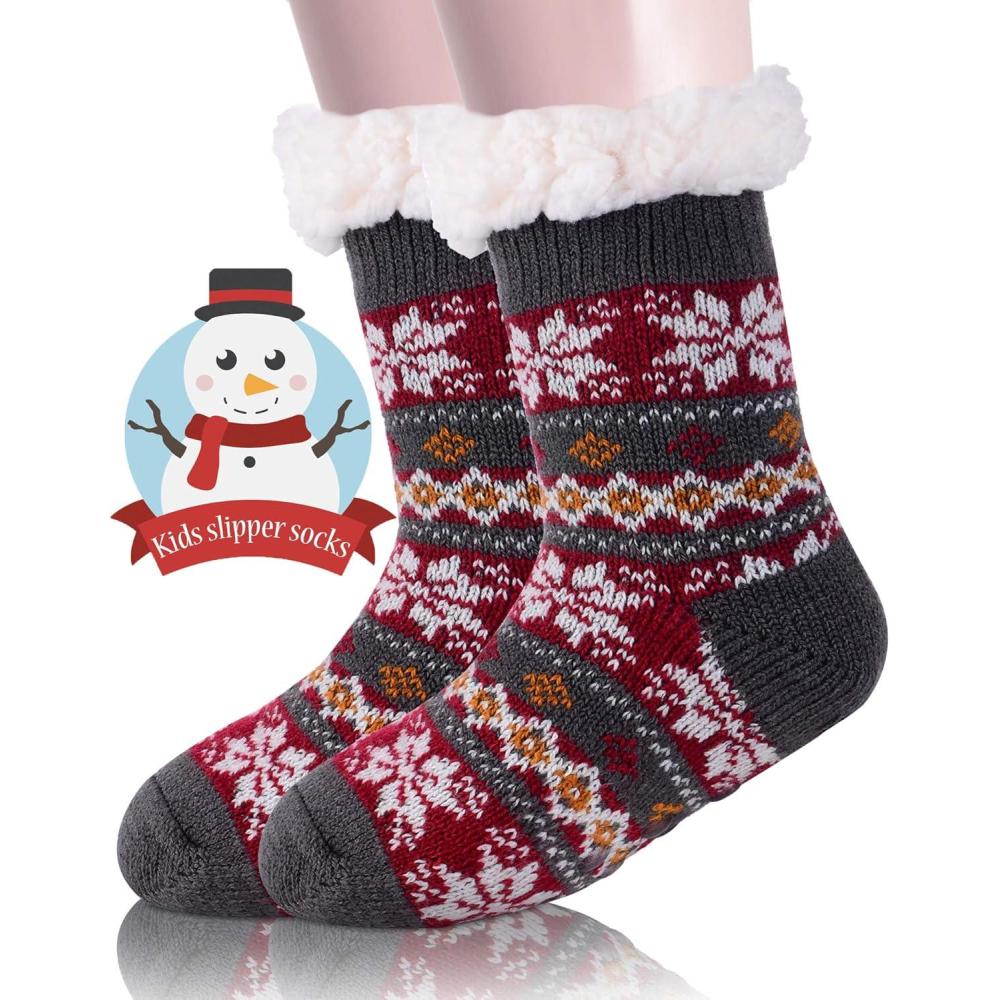 imageMOGGEI Girls Slipper Fuzzy Socks Kids Boys Fluffy Fleece Lined Warm Plush Sherpa Winter Child Home SocksGrey  Red a
