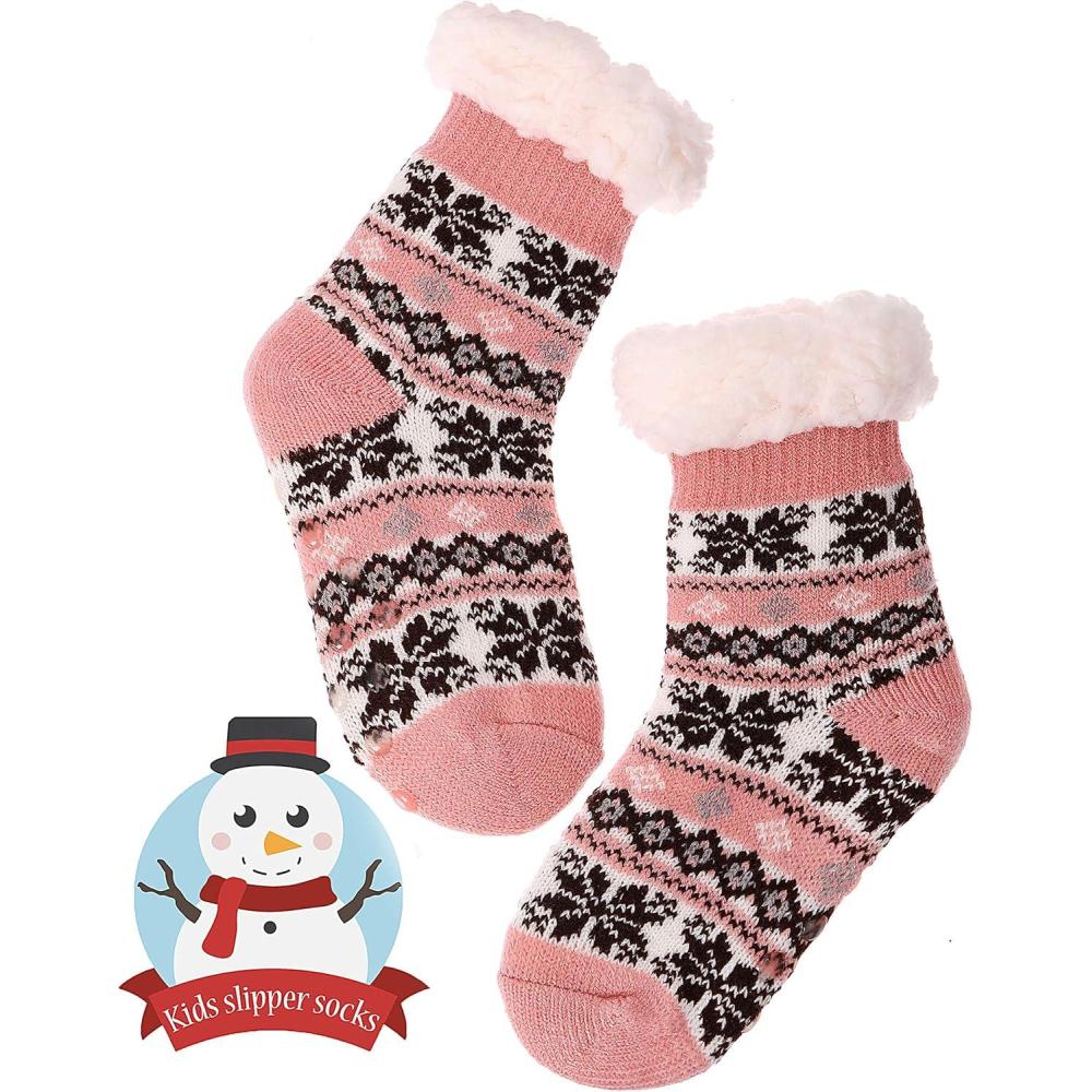 imageMOGGEI Girls Slipper Fuzzy Socks Kids Boys Fluffy Fleece Lined Warm Plush Sherpa Winter Child Home SocksPink